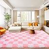 Area Rugs for Living Room Bedroom 9×12, Ultra Fluffy Shag Checkered Rug Modern Washable Carpet Soft Shaggy Non Slip Indoor Plush Fuzzy Rugs for Bedroom Dorm Office Home Aesthetic Decor, Pink and White