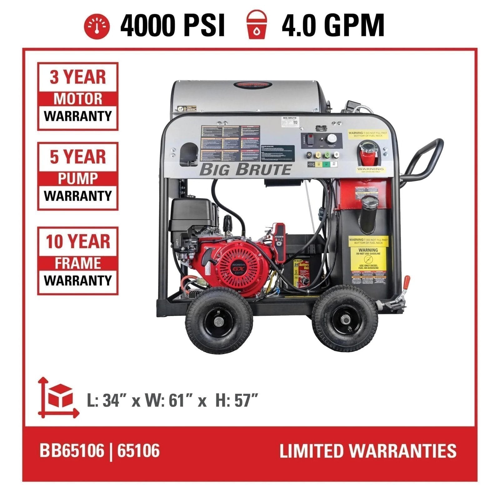 Simpson BB65106 Big Brute Professional 4000 PSI (Gas-Hot Water) Pressure Washer